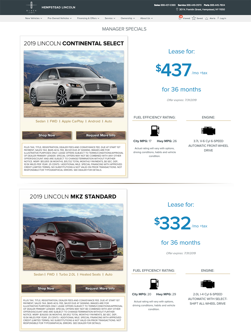 Lincoln Specials Landing Page